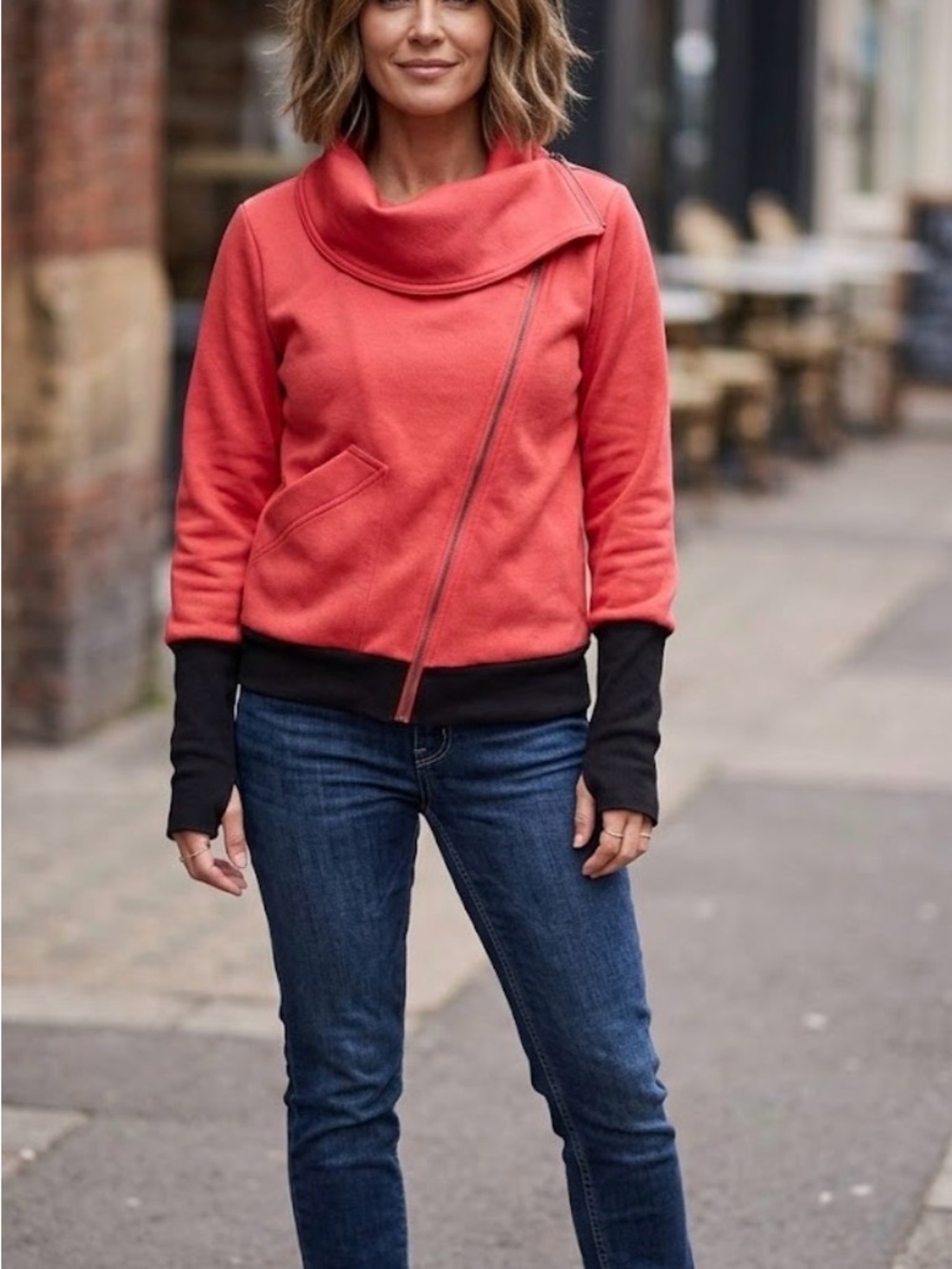 Jockey Coral Asymmetrical Zip Cowl Pullover with Black Accents